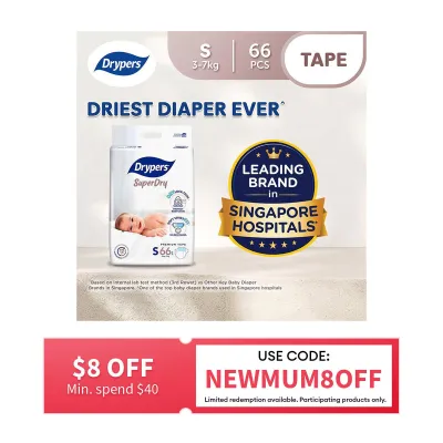 Drypers SuperDry Premium Tape Baby Diaper S 66s (3-7kg)