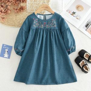 Gấu Lãnh Đạo Hiệu Ứng denim mới in hoa Dresses Cho Bé Gái Của Ăn Mặc Trung Quốc Dài Tay Áo Quần Áo Giản Dị 2-7 Năm quần áo trẻ em