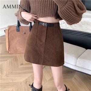 Ammin กระโปรงทรงเอสำหรับผู้หญิงเข็มขัดรัดเอวแฟชั่นสไตล์เกาหลีกระโปรงสะโพกเอวสูงแฟชั่นสีทึบสไตล์เกาหลีเรียบง่ายป้องกันการเปิดรับแสง