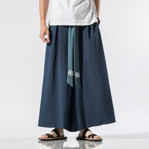 【Ready stock】Japanese Traditional Samurai Style Kimono Loose Casual Wide Leg Pants for Men Fashion Streetwear Linen Male Solid Trouser Pants