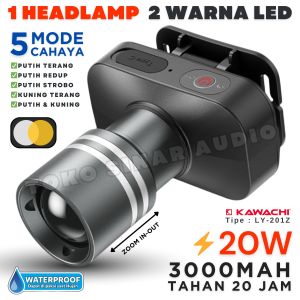 Senter Kepala 2 LED Kuning & Putih PREMIUM QUALITY Daya 20 Watt Tahan 20 Jam Headlamp Zoom In-Out Jarak 800 Meter KAWACHI LY-201Z | TSA