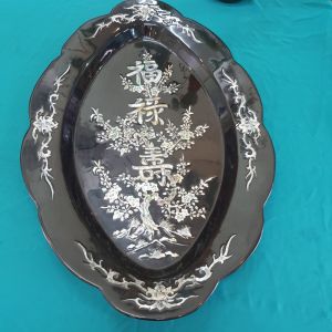 Tranh Dĩa sơn mài cẩn ốc Hoa Mai và chữ Phúc Lộc Thọ