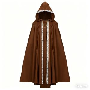 2025 New Medieval Gothic Suede Hooded Cape with Lace Trim Stage Costume