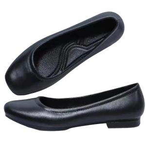 Womens Round-Toe Black Shoes Non-Slip and Waterproof Rubber Flat Black Slip-On Style Suitable for School and Work 080523