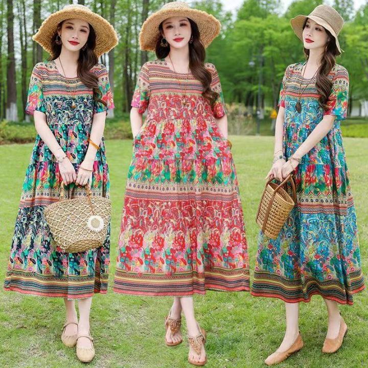 lazada bohemian dress Retro Loose Floral Dress Casual Holiday Beach Dress Bohemian Plus Size Maxi  Dress L2061