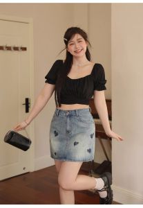 YODOกระโปรงยีนส์สั้น น่ารัก เก็บเนื้อดูผอม ฤดูร้อน เย็บปักถักร้อยรูปหัวใจ กระโปรงมิดี้สไตล์เกาหลีV80