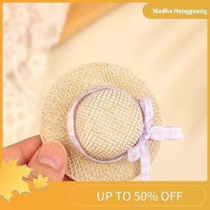 Madha 2Pcs Miniature Straw Hat Mini Doll Straw Hats With Bow Hat Doll House Ornament Hand Weaved Dollhouse Accessories