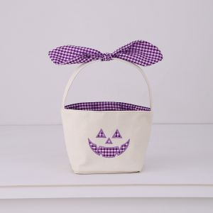 DAMONJ Gingham Cotton Lining Halloween Candy Bucket Canvas Fabric Pumpkin Embroidery Storage Basket DIY Decoration Curved Handle Gift Storage Bag Halloween Party