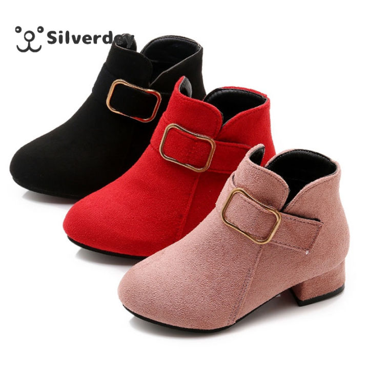 2023 Boots for Kids Girls Red Fashion Suede Upper High Heels Martin
