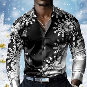 ZEEMIN Christmas Mens Shirt Autumn Long Sleeve Lapel Button Shirt Tops Christmas Snowflake Print Gradient Oversized Shirts Men Clothes