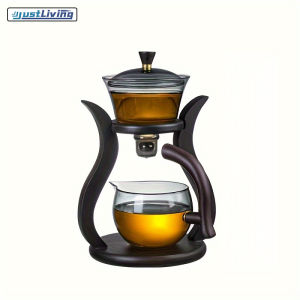JustLiving Lazy Kung Fu Glass Tea Set Semi Automatic Drip with Infuser Glass Teapot Set Magnetic Switch Teapot Teacup Set Magnetic Water Flow Wooden Glass Teapot Set Drinkware Birthday Gifts
