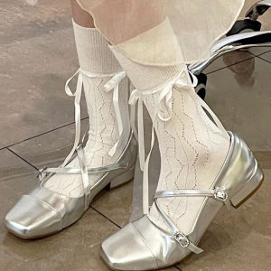 ถุงเท้าโบว์บางของผู้หญิง ถุงเท้าแฟชั่นโลลิต้าสีทึบ ราคาส่ง