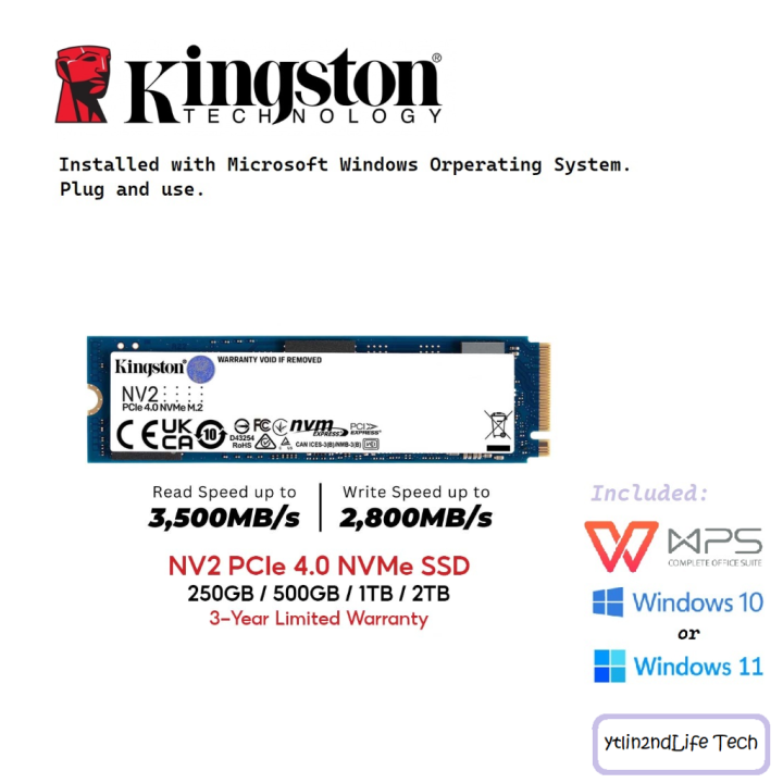 KINGSTON NV2 PCIe 4.0 M.2 2280 NVME SSD with Windows 10 or Windows 113