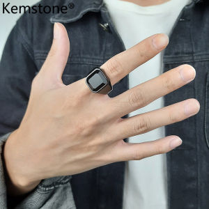 Kemstone Fashion Stainless Steel Black Agate Silver Gold Rings Jewelry for Mens Ring