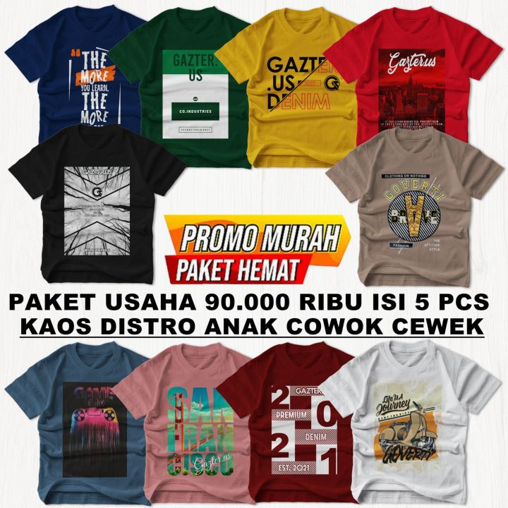 Kaos Anak Paket Murah Isi 5 Pcs Baju Distro Laki-Laki Perempuan Usia 1-12 Tahun Bahan Katun Combed 30s