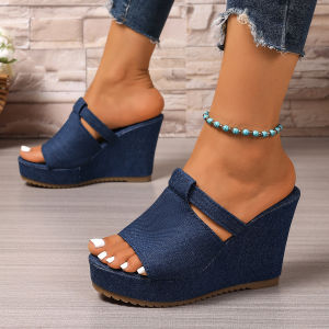 Free Shipping Denim Wedge Sandals For Women New Summer Style Thick-Soled Large Size Open-Toe Sandals Size 43