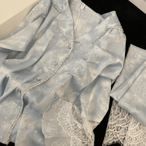 Plus Size 4XL Female 2PCS Pajamas Set Loungewear Sweet Girl Print Flower Lace Sleepwear Long Sleeve Pijamas Silk Satin Homewear2026