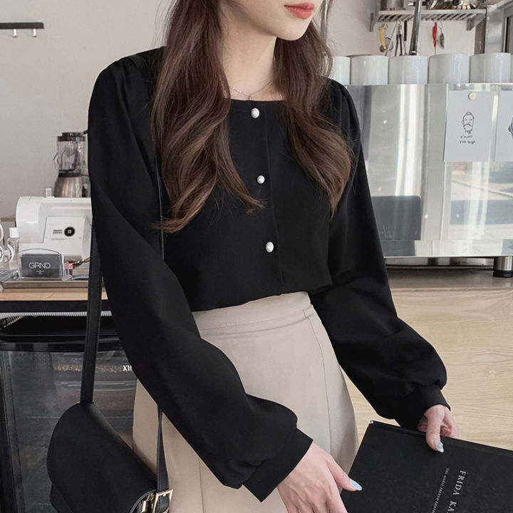 Korean Style Elegant Square Neck Black Shirt for Women Fashion Long Sleeve  Female Blouse Tops