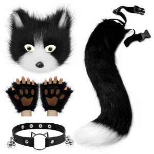Halloween Fox Half-Face Mask Half-Finger Gloves Plush Fox Tail Collar Set cos Props and accessories