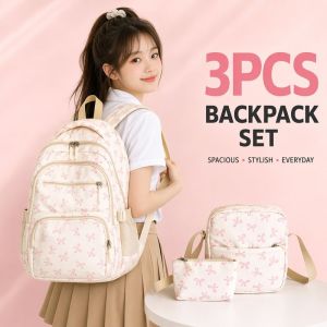 3 In 1 Bow Print Backpack Set Large Capacity Student School Bag Nylon Adjustable Strap