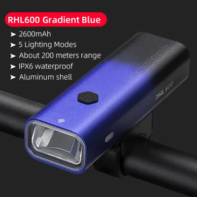 ROCKBROS Bicycle Headlight 600LM Gradient Blue/Red Aluminum Shell Bike Light 5 Light Modes Waterproof Intelligent Temperature Control Flashlight Bicycle Accessory