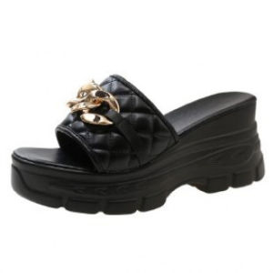 [Free Shipping] WomenS Wedge Sandals 2026 Summer New Collection Korean Style With Metal Chain Detailing One-Strap Design Platform Sole And Height-Enhancing Effect