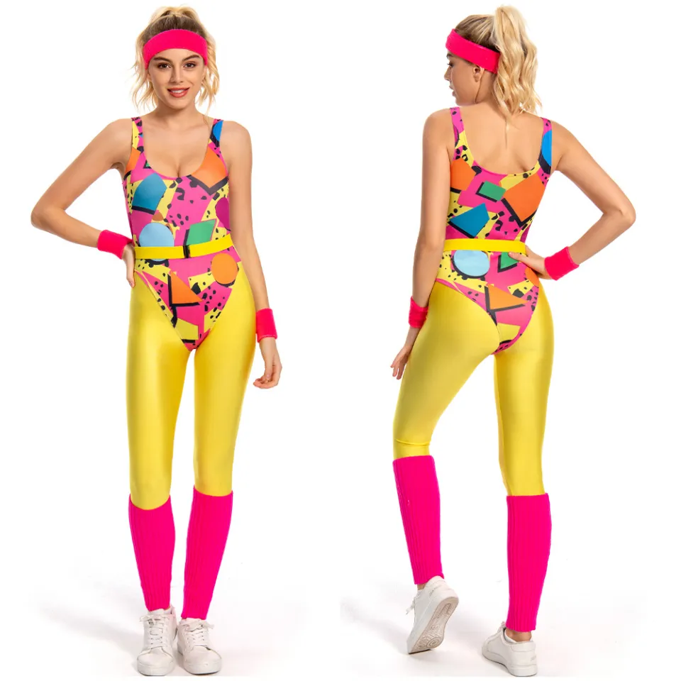 6Pcs/Set Women Retro 80s 90s Legging Cosplay Costume Women Sportwear  Jumpsuit Headband Outfits Halloween Carnival Party Clothes