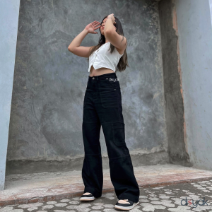 DISYAK - Cargo Pants Loose Highwaist Jeans Non-Stretch Black 110-210