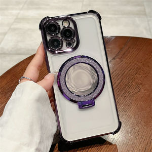 KISSCASE Plating Glitter Mirror Magsafe Bracket Clear Phone Case For iphone 15 14 13 12 11 Pro Max Plus Lens Protection Four Corner Anti-fall Transparent Soft TPU Shockproof Back Cover For iphone 15 14 13 12 11