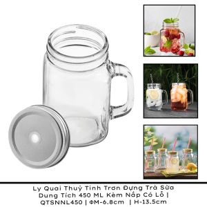 Bộ 10 Ly Quai Thuỷ Tinh Trơn Đựng Trà Sữa 450 ML/ Ly Quai trà sữa Thuỷ Tinh Ly đựng nước ép có qua/Nắp có thiết kế mới có lỗ để ống hút ở giữa