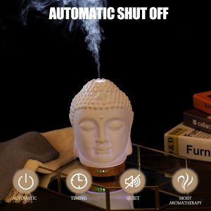 Buddha Essential Oil Diffuser - Aromatherapy Diffusers for Essential Oils - White Ceramic Diffuser Buddha Head Humidifier with 4 Timer & 7 Color Night Light Settings and Auto Off Function