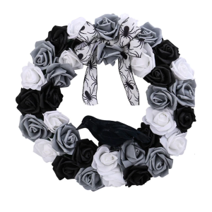Halloween Wreath Front Door Wreath Gothic Garlands with Black and White Rose Crow For Doorway Window Party Decoration