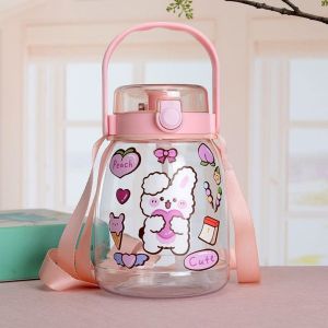 Bình nước 1300ml Cho bé đi học làm từ nhựa thực phẩm PP an toàn cho sức khỏe Kem ống hút Quai xách Sticker 2D