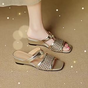 [Free Shipping] 2026 New Camellia Hollow-Out Woven Wedge Sandals WomenS Summer New Style Open-Toe Casual Slippers For Outdoor Wear