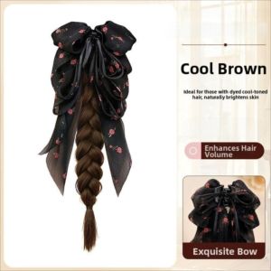 BEAUTYLADIES Long Bow Ribbon Braids Ponytail Extensions Claw Clip 18 Inch Handmade Braids Pony Tails for Women Natural Twist Braid Hairpiece for Women