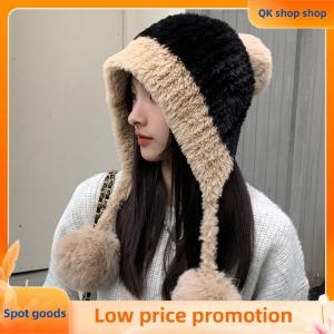 ✨QK shop✨ Fluffy Plush Women Beanie Cap Winter Warm Big Pompom Knitted Ear Protection Hat Windproof Snow Ski Female Earmuffs Caps