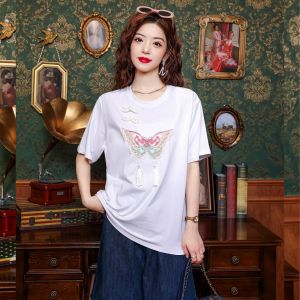 Ammin 2024 Mùa Hè Mới Trung Quốc Cổ Điển Nút Đĩa Ngắn Tay Cổ Tròn Cotton Áo Thun Phụ Nữ Tinh Tế thêu hình bươm bướm thiết kế tua Áo Blouse thanh lịch