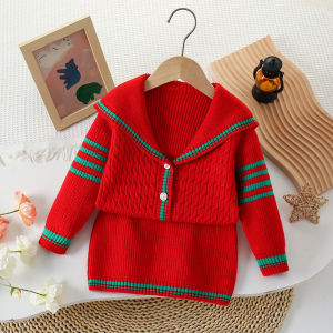 Bear Leader Baby Clothes Girls Fashion Red Sets Winter Lapel Knitted Cardigan + Skirt 2-piece Sets Winter College Style Striped Christmas Childrens Suit New Years Sweater Girl Clothes