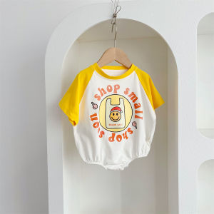 สินค้าใหม่ประจำฤดูร้อนสำหรับทารกอายุ 0-3 ปี: ชุดรอมเปอร์สามเหลี่ยมลายหน้ายิ้มสำหรับเด็กชายและเด็กหญิง ผลิตจากผ้าฝ้ายที่สวมใส่สบายและระบายอากาศได้ดี