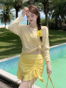 2026 Hot Sale [ Shipped from China ] Three-piece swimsuit for women plus size for slightly plump figures with a cover-up skirt slimming yellow color sun- suitable for beach and hot springs two-piece swimsuit B3