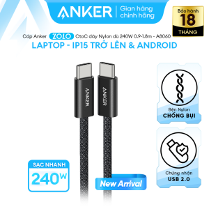 [Cho iPhone 15-17 Androi Laptop] Cáp sạc nhanh ANKER Zolo USB-C to USB-C | Công suất cao 240W | Chip E-Maker | Chất liệu nylon dù chống bám bẩn đứt gãy | Dành cho iPhone 15/iPhone 16/iPhone 17/Android/Laptop - A8060