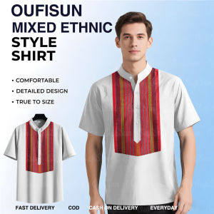 2025 Barong Tagalog Men Shirt Short Sleeve Tops Modern Gradient ASEAN Ethnic Clothing Pattern Sublimation Retro Traditional Stand Collar Shirt Breathable Oversized