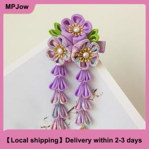 【Local shipping】 Japanese Kimono Fabric Flower Folding Fan Children Hair Accessories Clip Tassel Headwear Headdress Barrette