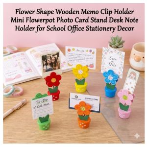 Flower Shape Wooden Memo Clip Holder Mini Flowerpot Photo Card Stand Desk Note Holder for School Office Stationery Decor