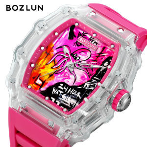 BOZLUN X KOTA Co-branded “I AM TEH ONE” Series Graffiti Art 3D Printed Face Mechanical Movement Silicone Strap Acrylic Transparent Case Luminous 30 Meter Waterproof Fashion Watch Set KOTA018