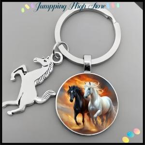 【Jumpping】 Animal Running Horse Keychain Exquisite Steed Pattern Glass Cabochon Keychain Mens Charm Keyring Gift