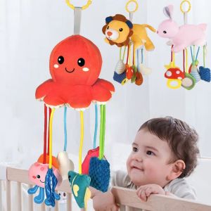 DSFSK Hand Grip Sensory Stroller Hanging Ornaments Cute Animal Design Pull String Plush Animals Bed Bell Dolls Washable Soft Teether Baby Bed Sensory Pendants 0-12 Months