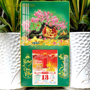 Lịch 2025 Hoa Đào Kích thước: 34x60cm bọc viền vàng kèm bloc 14.5x20.5cm (HĐ)