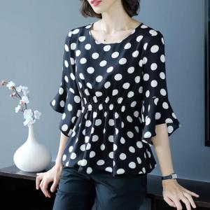 Áo Voan Chấm Bi Lượn Sóng Nữ Tay Áo Nhún Bèo Mùa Hè Áo Voan Dáng Ôm Áo Voan