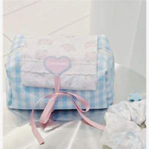 Chaichaishop🌼พร้อมส่ง♡ 𝑺𝒘𝒆𝒆𝒕𝒊𝒆 𝒃𝒂𝒈🎀💐กระเป๋าเครื่องสำอาง୨♡୧ ละมุน แต่งโบว์ผูก สีพาสเทล ลายสก็อต น่ารักมาก มีซิป